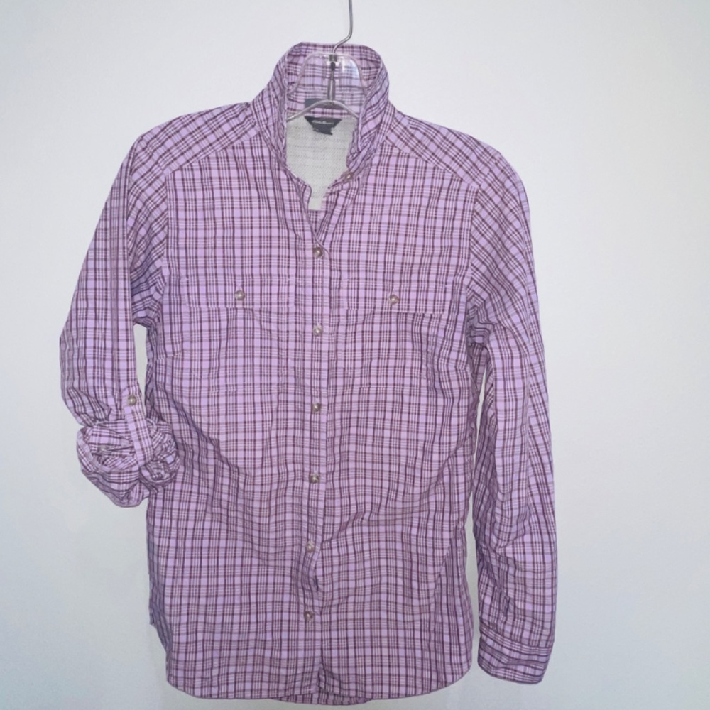 Eddie Bauer Shirt Womens XS Roll Tab Sleeve Lavender Plaid Button Up Hiking XS